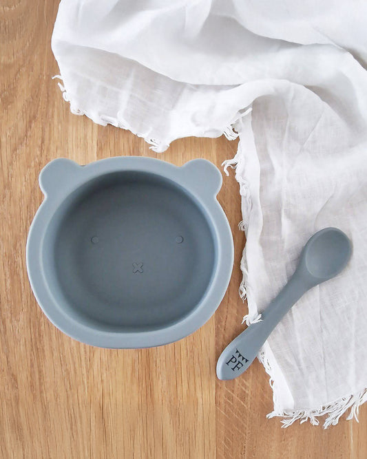 Silicone Bear Bowl & Spoon - Misty - Petit Filippe