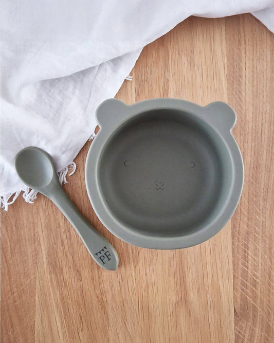 Silicone Bear Bowl & Spoon - Sage - Petit Filippe