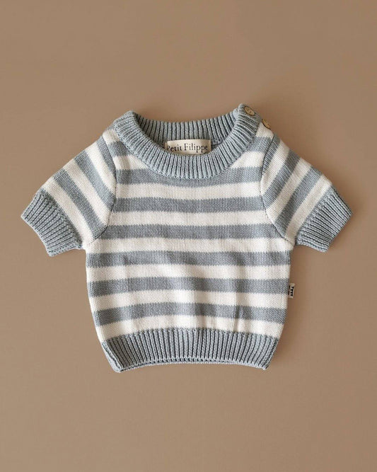 Striped Sweater - Short Sleeve - Cotton - Misty Blue & Ivory - Petit Filippe