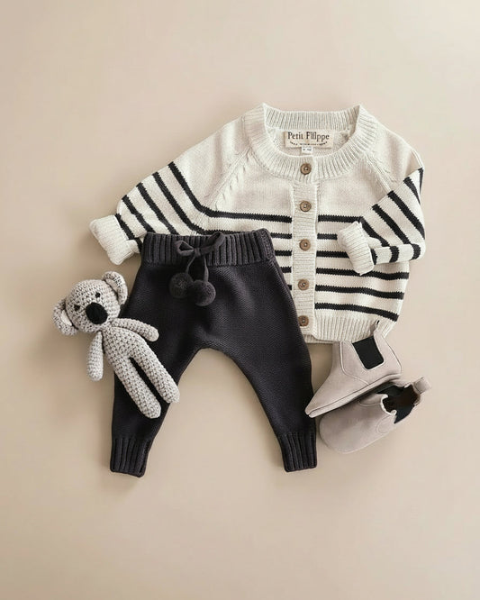 Striped Cardigan - Ivory & Graphite - Petit Filippe