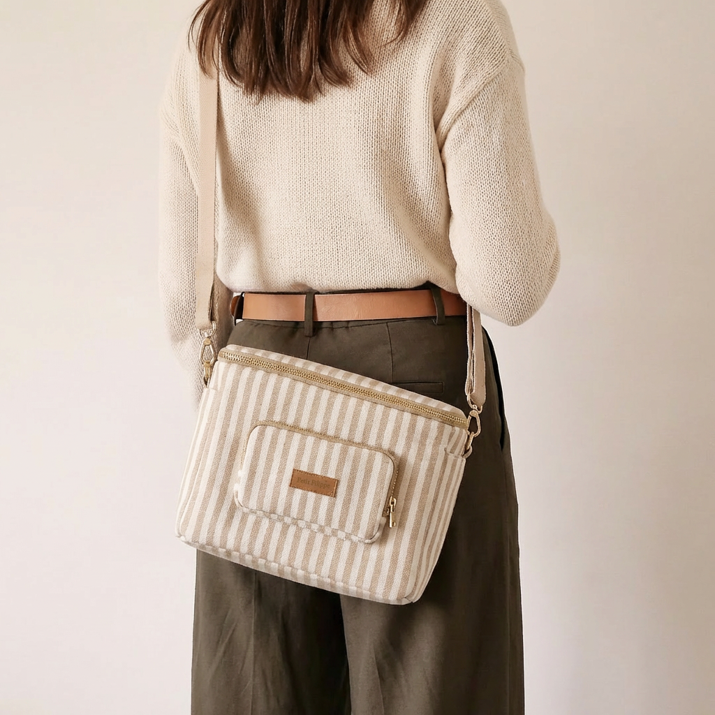 Canvas Stroller & Crossbody Bag - Oatmeal Striped - Petit Filippe