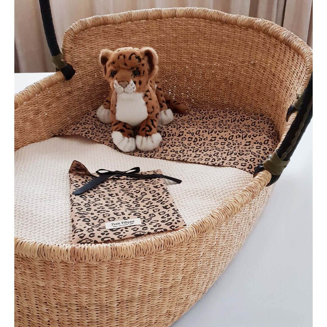 76 x 43 cm - Linen Fitted Sheet to fit our Moses Basket Mattress - Leopard - Petit Filippe