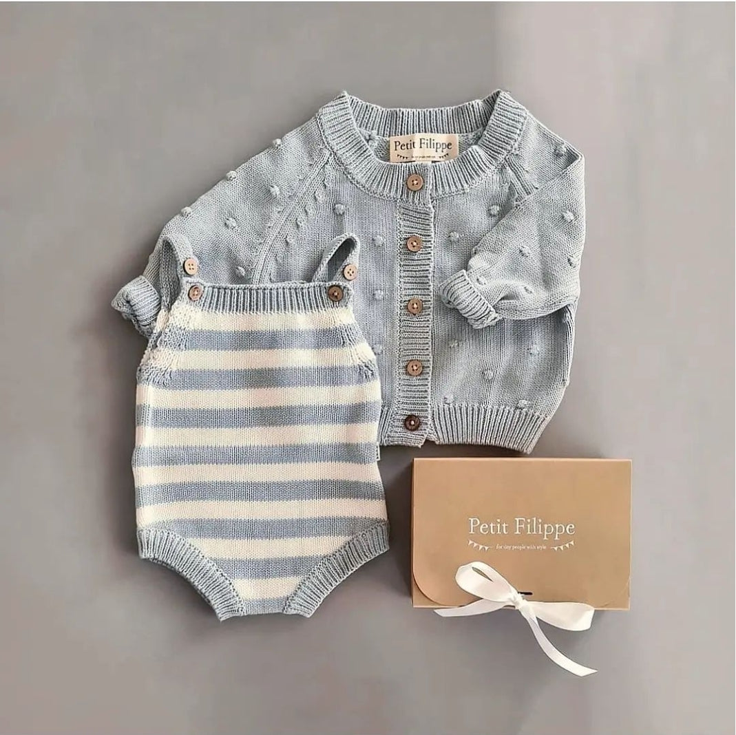 Knitted Jumpsuit - Cotton - Ivory & Misty Blue Stripes - Petit Filippe