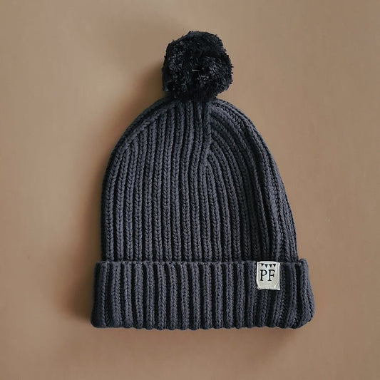 Knitted Beanie with Pom Pom - Cotton - Graphite - Petit Filippe
