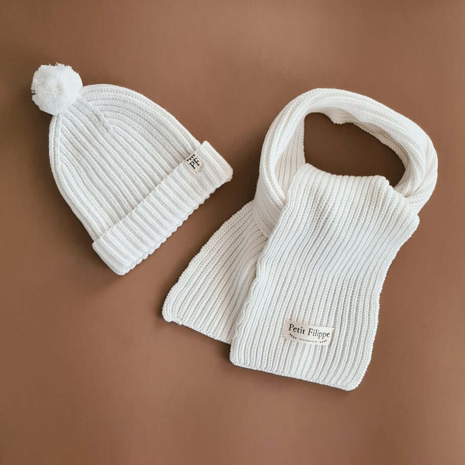 Knitted Beanie with Pom Pom - Cotton - Ivory - Petit Filippe