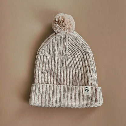 Knitted Beanie with Pom Pom - Cotton - Oatmeal - Petit Filippe