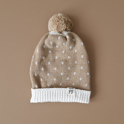 Knitted Beanie with Pom Pom - Cotton - Beige Speckled - Petit Filippe