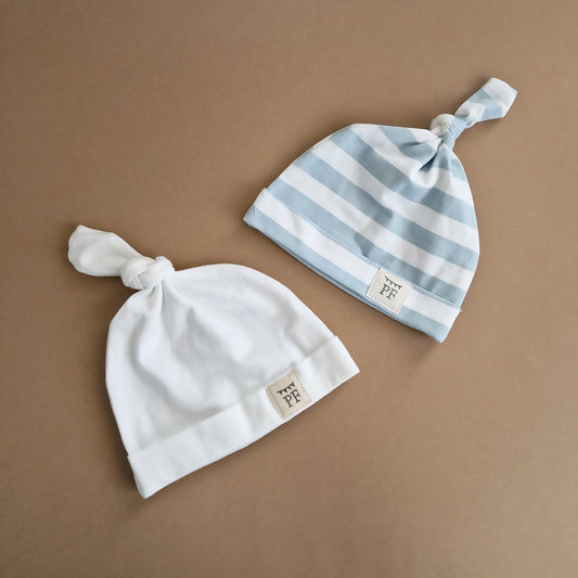 Knot Hats Set of 2 - Misty Blue Stripes & Ivory - Petit Filippe