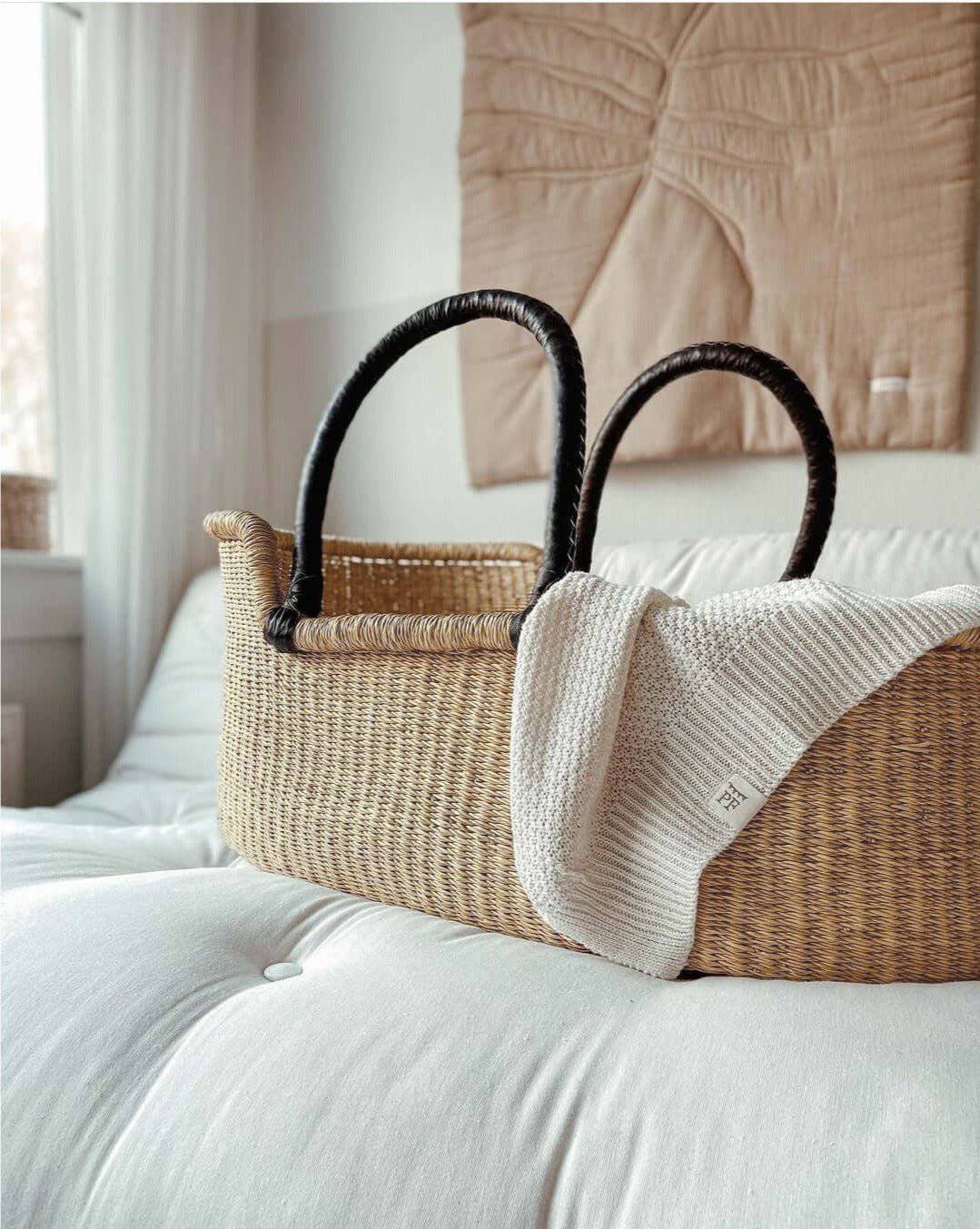 Moses Basket - no. 02 - Neutral - Brown Handles - Petit Filippe