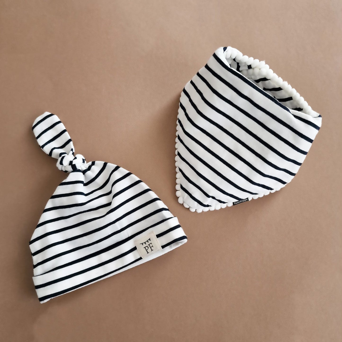 Pom Pom Bib & Knot Hat set - Breton Stripes - Petit Filippe