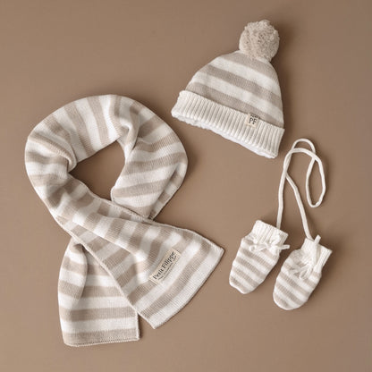 Baby Mittens - Cotton & Fleece - Oatmeal Striped - Petit Filippe