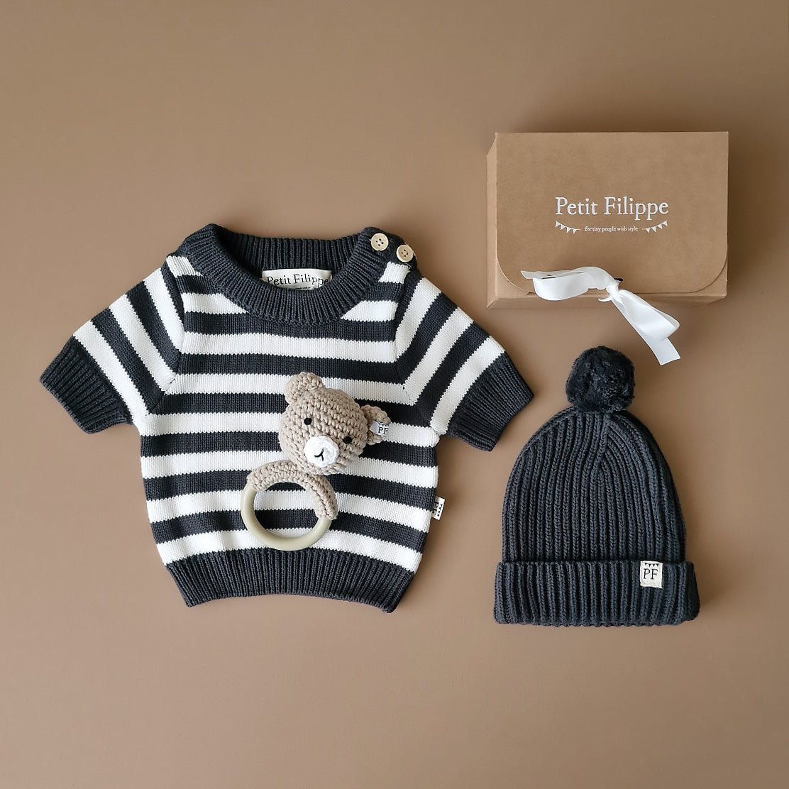 Striped Sweater - Short Sleeve - Cotton - Graphite & Ivory – Petit Filippe